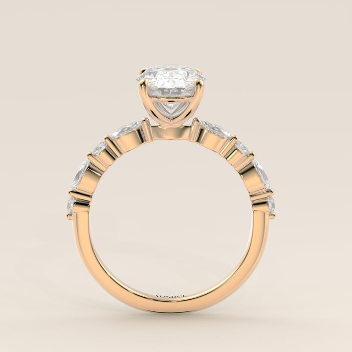 Verlovingsring ovaal lab grown diamant met marquise- en ronde diamantband, geelgoud