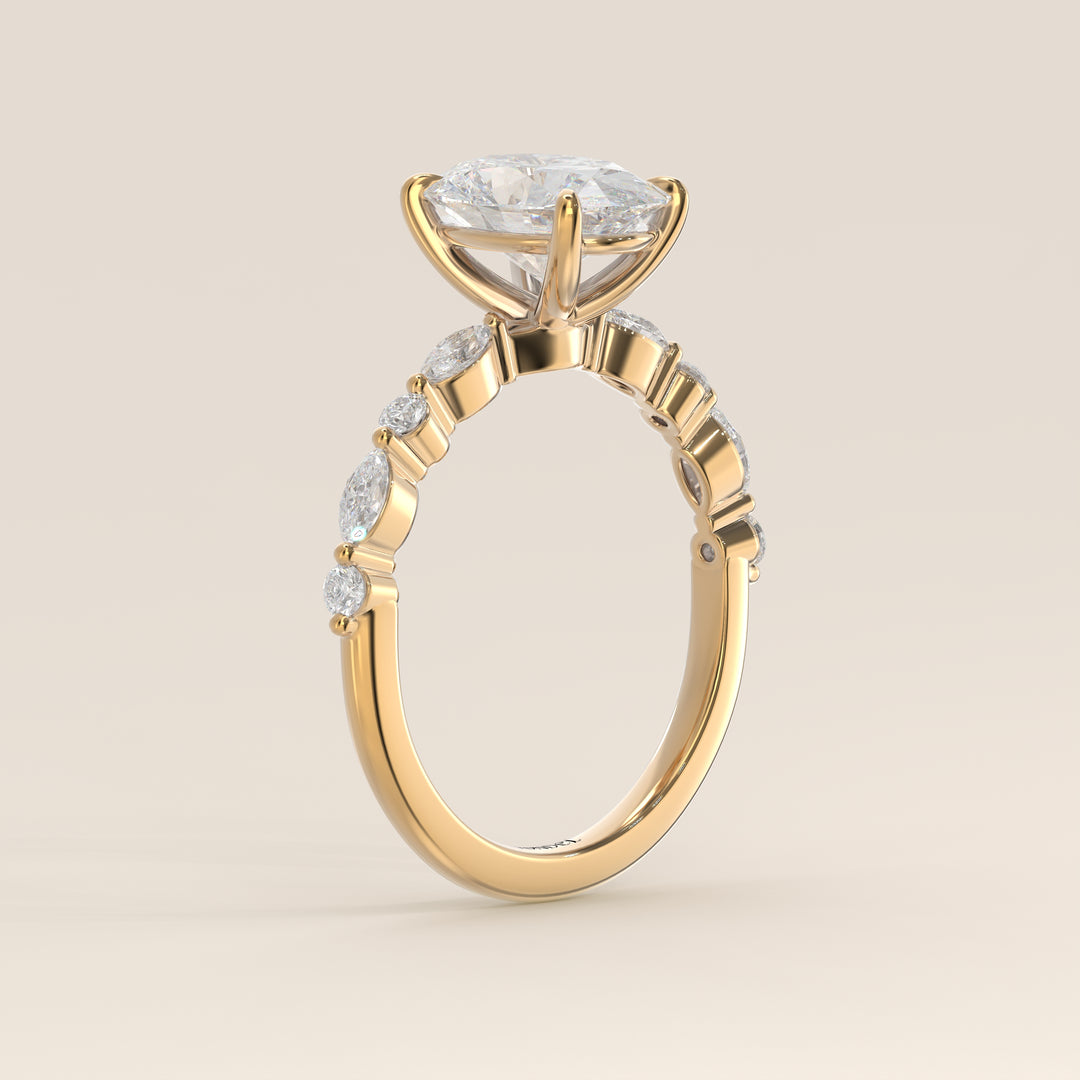 Verlovingsring ovaal lab grown diamant met marquise- en ronde diamantband, geelgoud