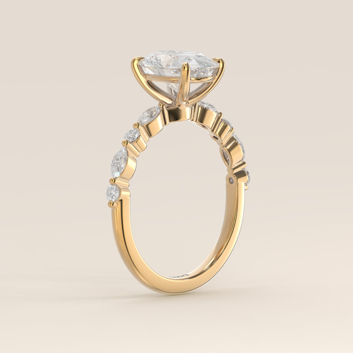 Verlovingsring ovaal lab grown diamant met marquise- en ronde diamantband, geelgoud