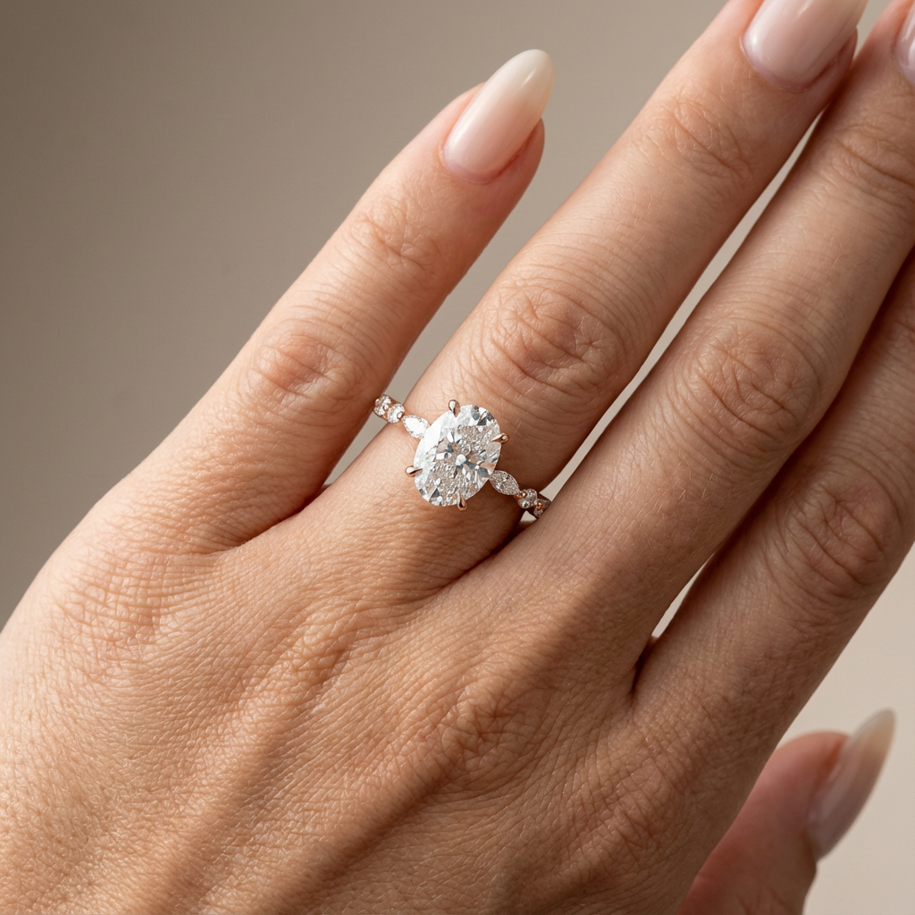 Verlovingsring ovaal lab grown diamant met marquise- en ronde diamantband, rosegoud