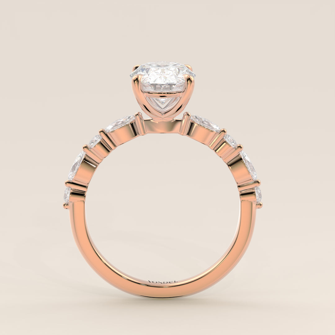 Verlovingsring ovaal lab grown diamant met marquise- en ronde diamantband, rosegoud