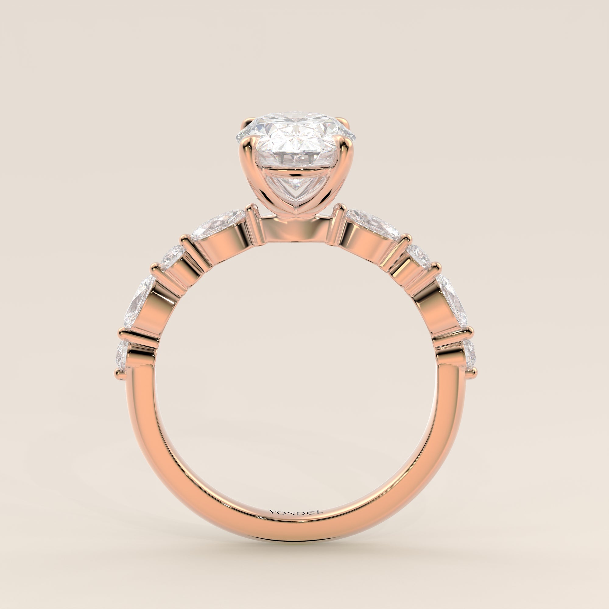 Verlovingsring ovaal lab grown diamant met marquise- en ronde diamantband, rosegoud