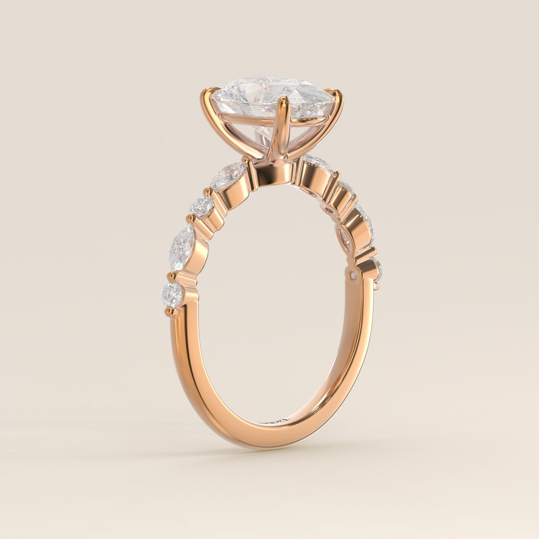 Verlovingsring ovaal lab grown diamant met marquise- en ronde diamantband, rosegoud