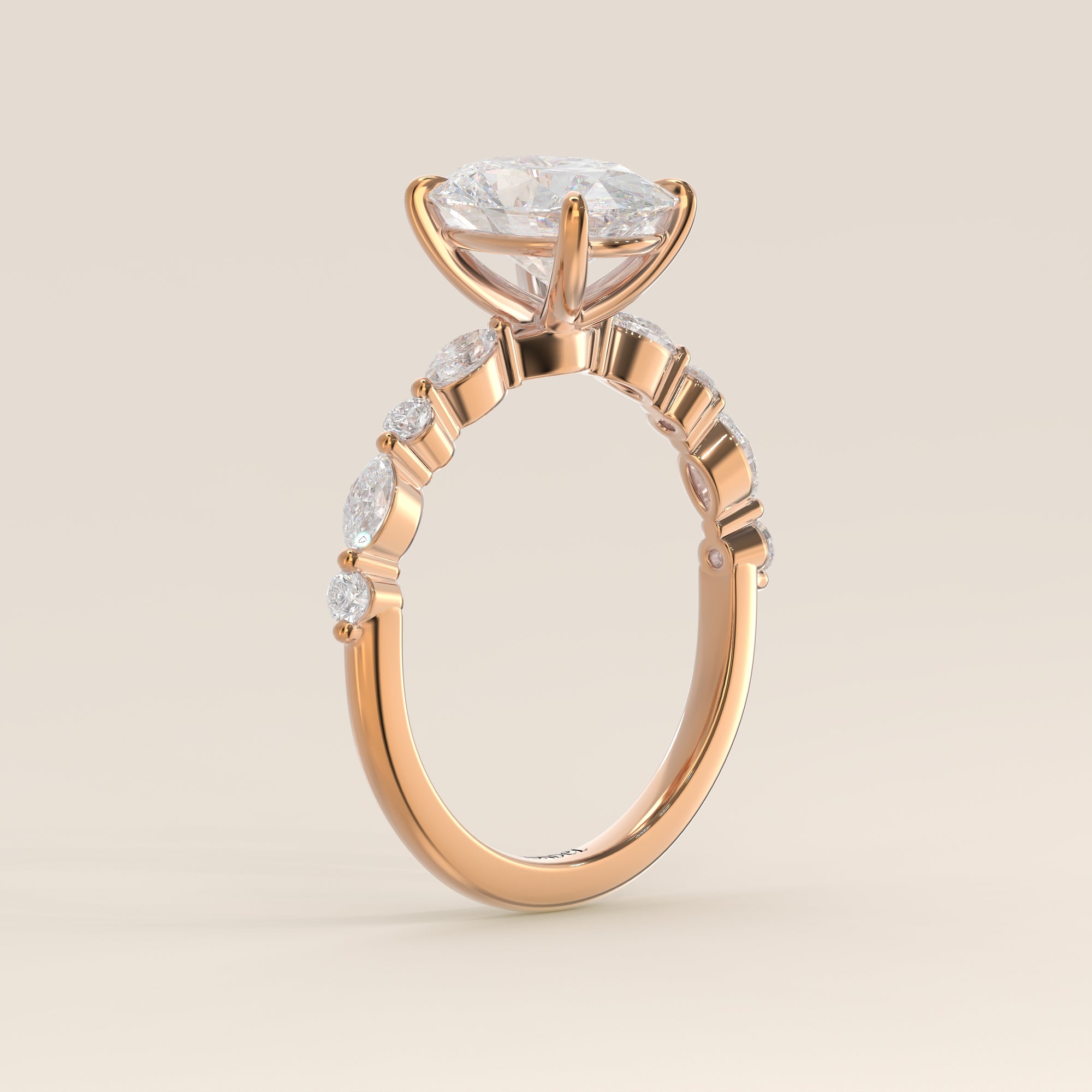 Verlovingsring ovaal lab grown diamant met marquise- en ronde diamantband, rosegoud