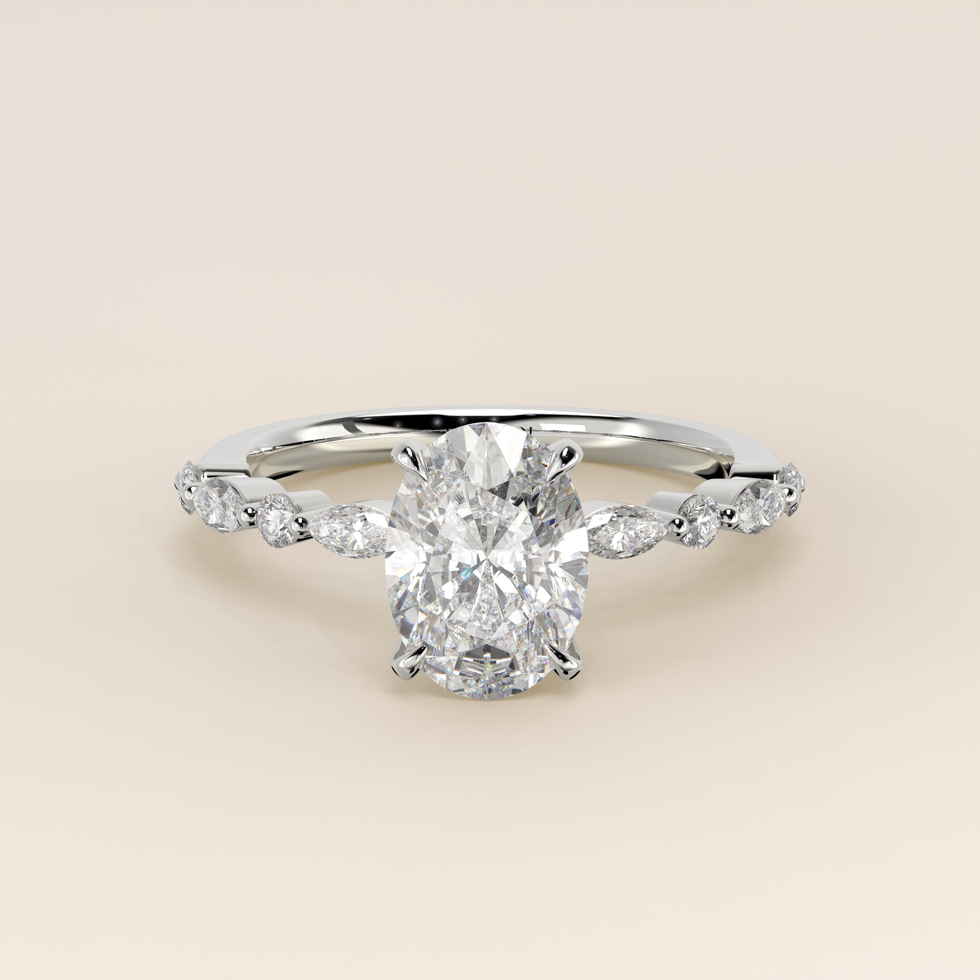 Verlovingsring ovaal lab grown diamant met marquise- en ronde diamantband, witgoud