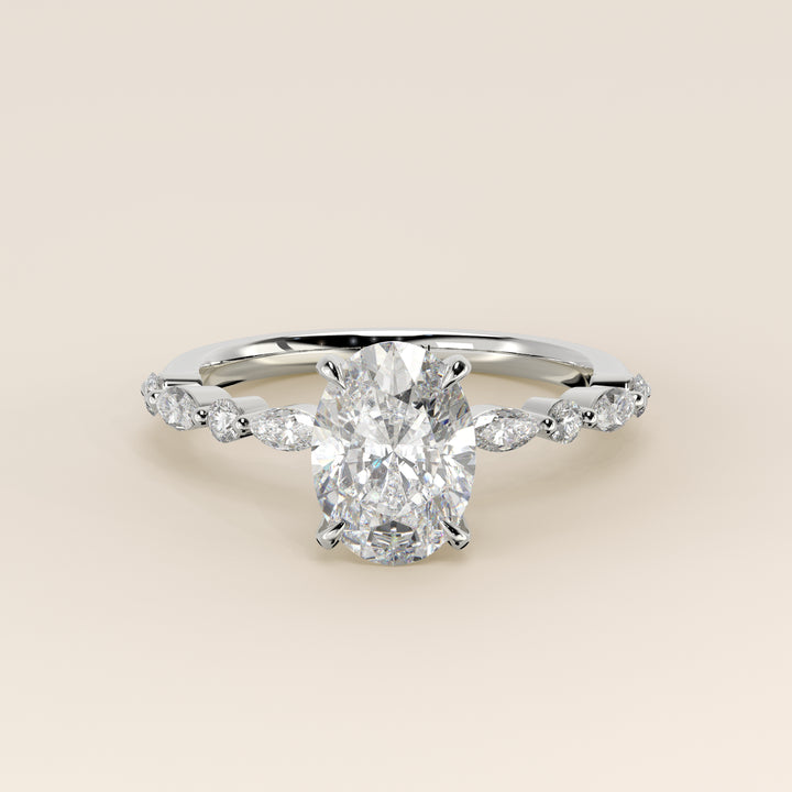 Verlovingsring ovaal lab grown diamant met marquise- en ronde diamantband, witgoud
