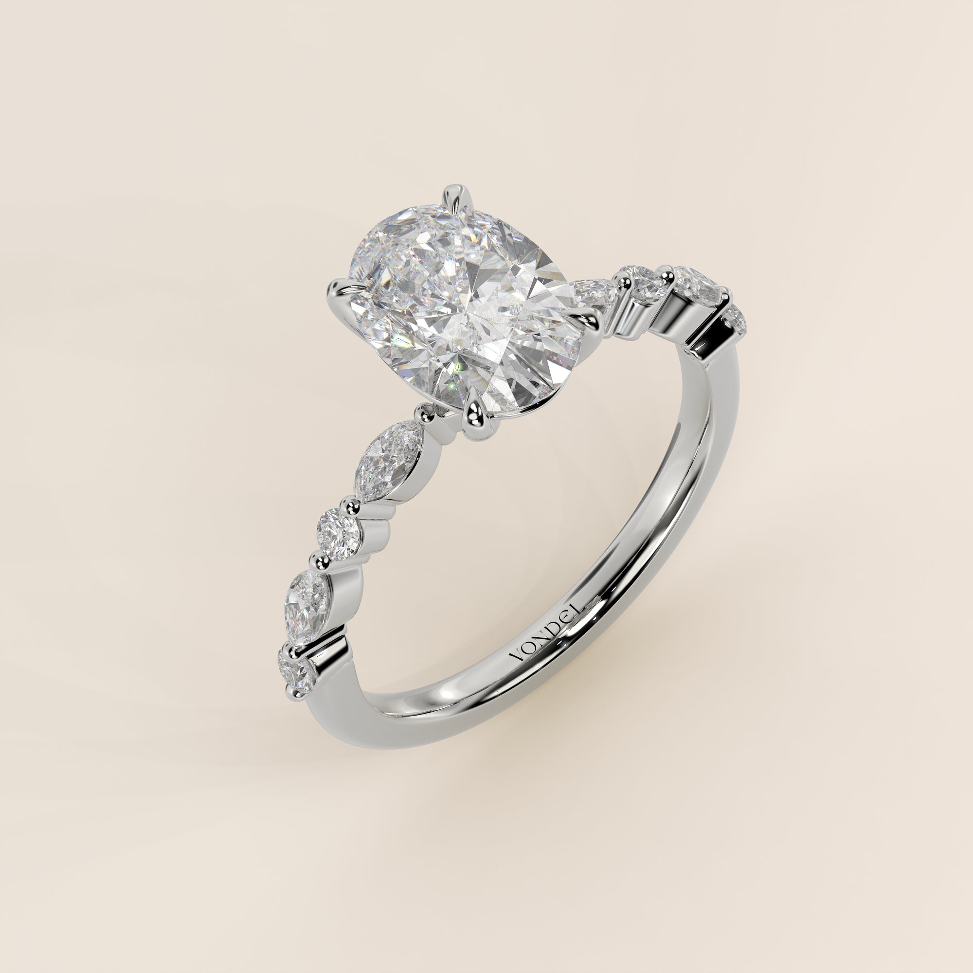 Verlovingsring ovaal lab grown diamant met marquise- en ronde diamantband, witgoud