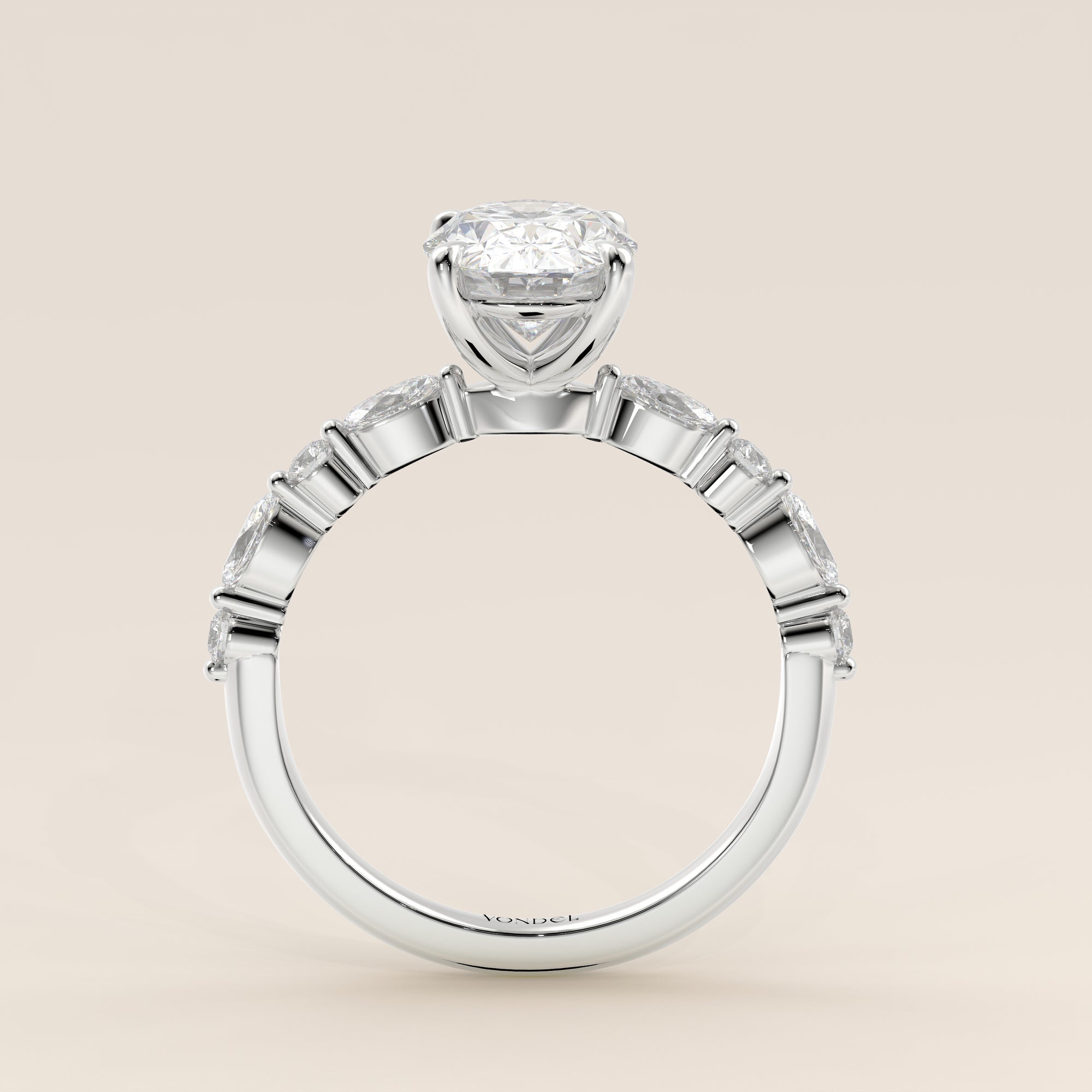 Verlovingsring ovaal lab grown diamant met marquise- en ronde diamantband, witgoud