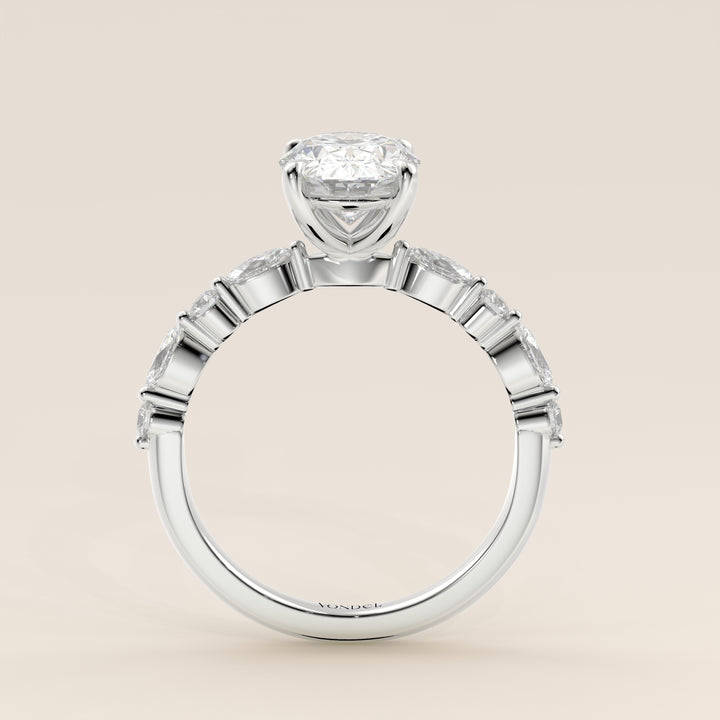 Verlovingsring ovaal lab grown diamant met marquise- en ronde diamantband, witgoud