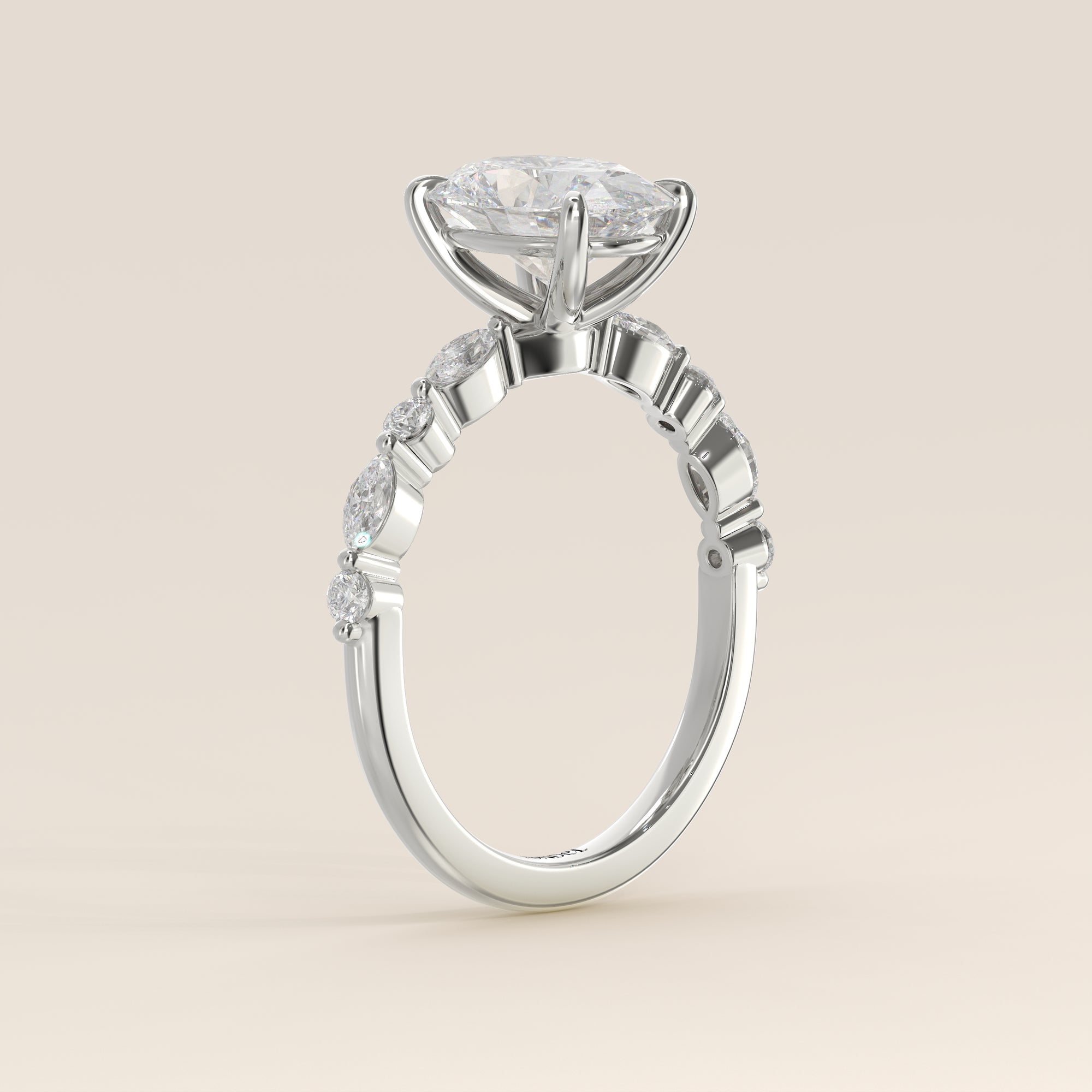 Verlovingsring ovaal lab grown diamant met marquise- en ronde diamantband, witgoud