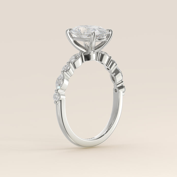 Verlovingsring ovaal lab grown diamant met marquise- en ronde diamantband, witgoud