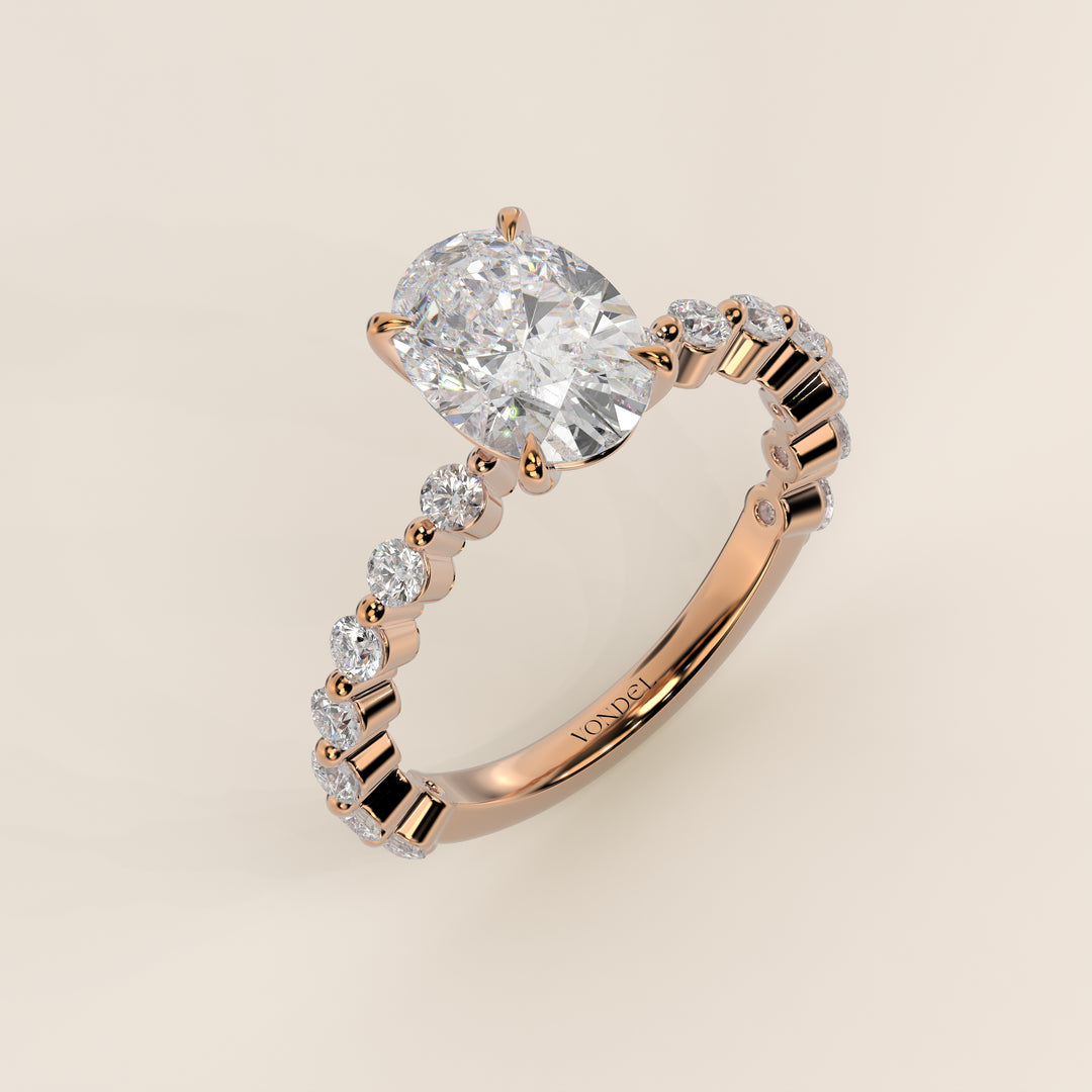 Verlovingsring ovaal lab grown diamant met ronde diamanten band, rosegoud