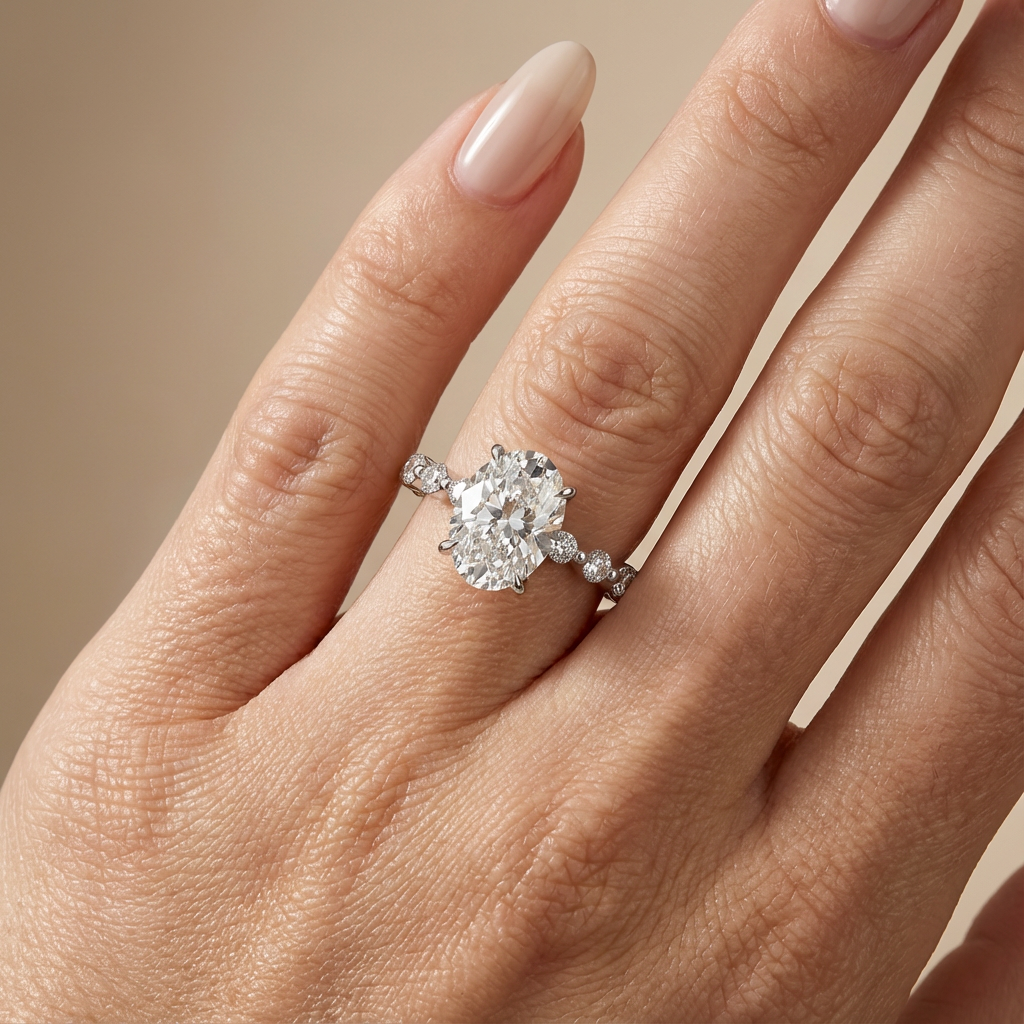 Verlovingsring ovaal lab grown diamant met ronde diamanten band, witgoud