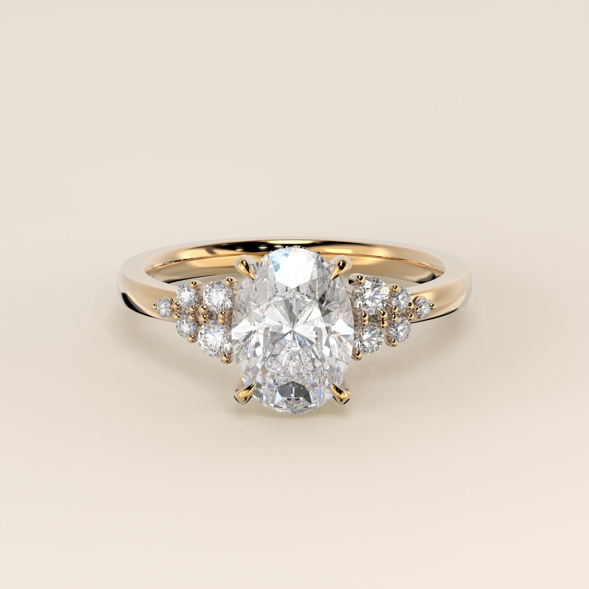 Verlovingsring ovaal lab grown diamant met snowdrift en hidden halo, geelgoud