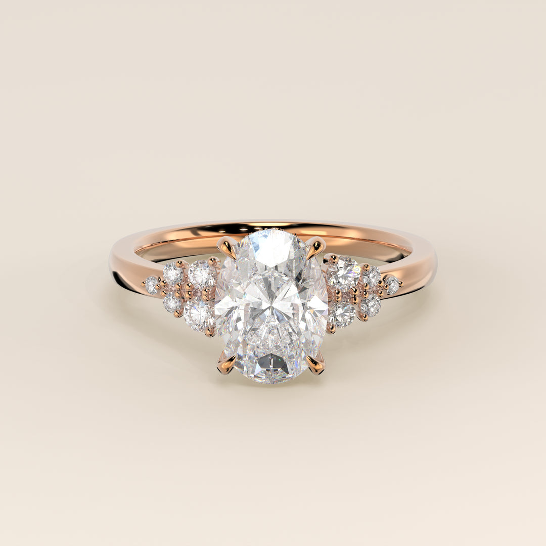 Verlovingsring ovaal lab grown diamant met snowdrift en hidden halo, rosegoud