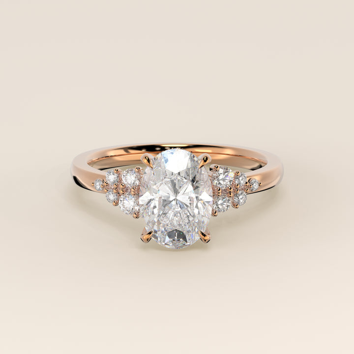 Verlovingsring ovaal lab grown diamant met snowdrift en hidden halo, rosegoud
