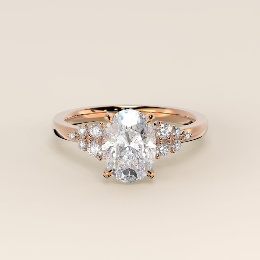 Verlovingsring ovaal lab grown diamant met snowdrift en hidden halo, rosegoud