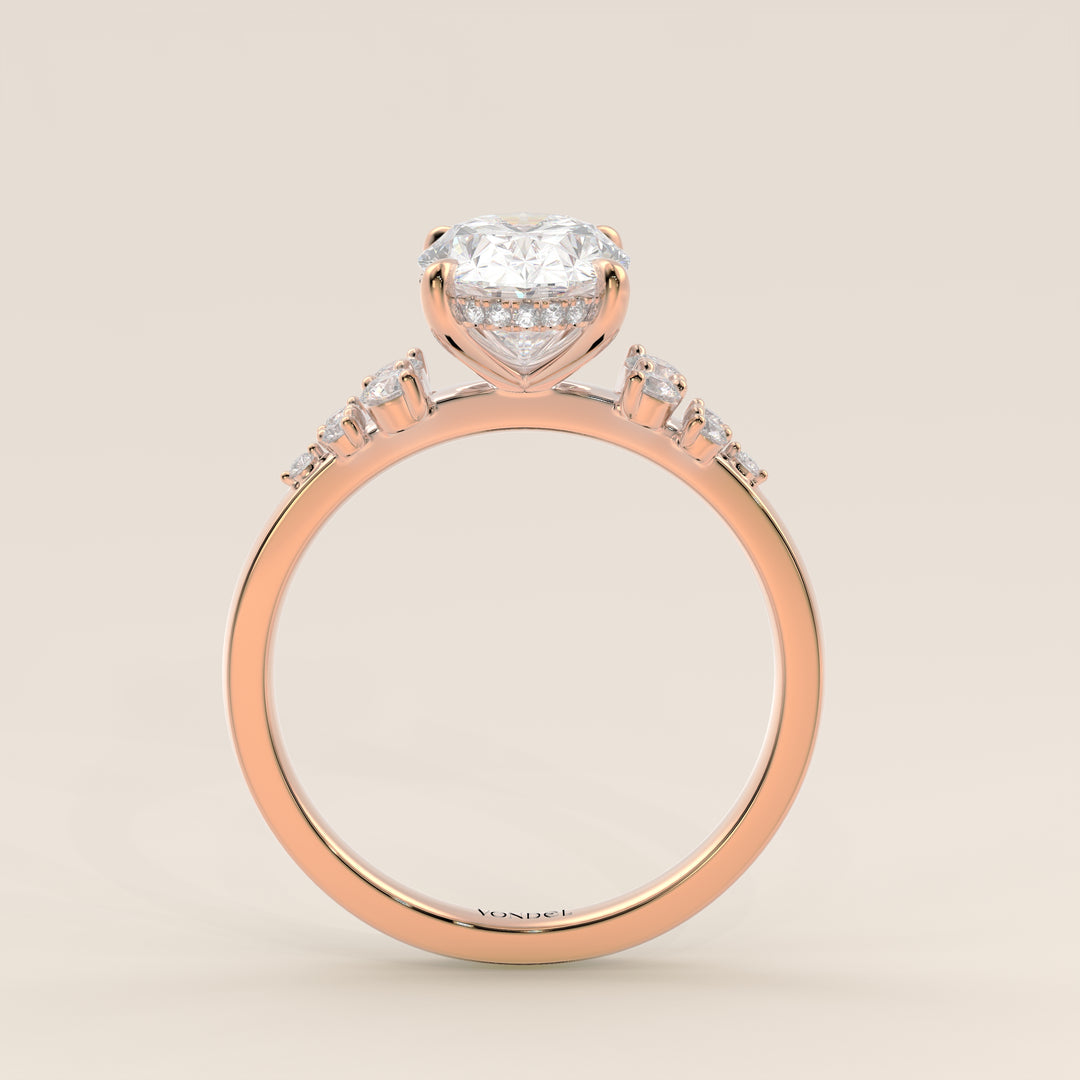 Verlovingsring ovaal lab grown diamant met snowdrift en hidden halo, rosegoud