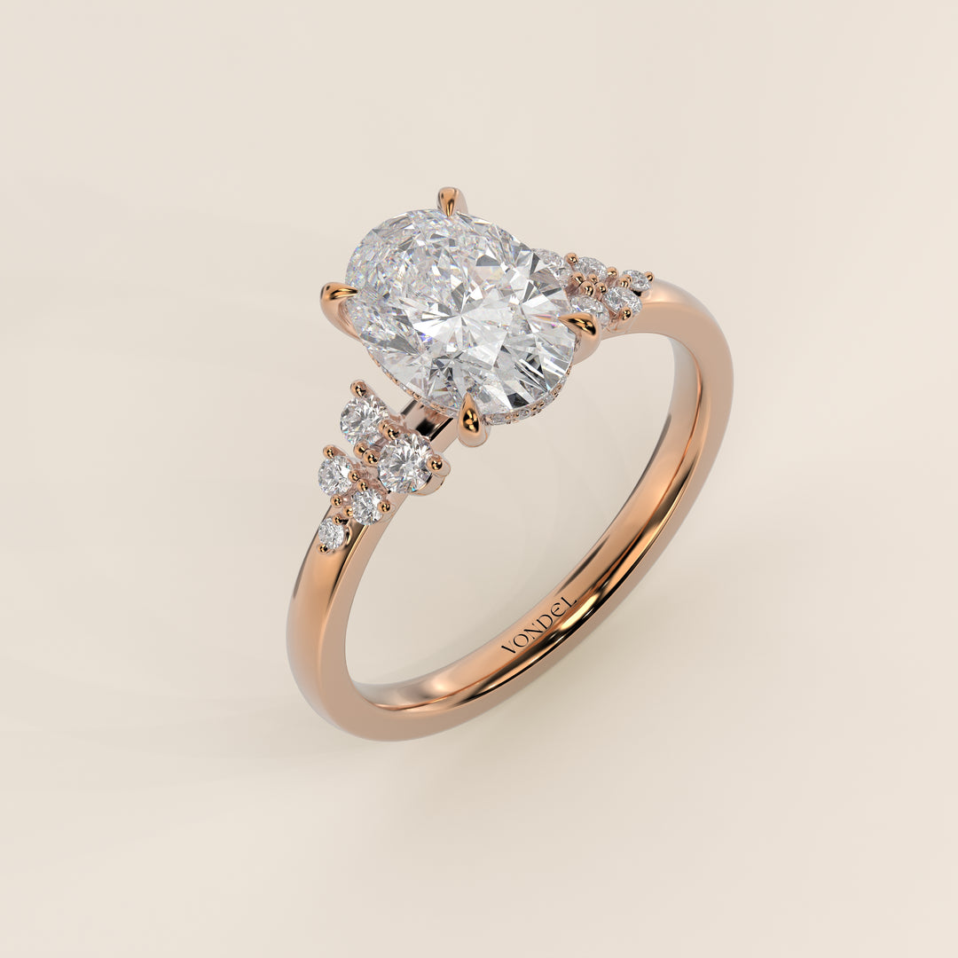 Verlovingsring ovaal lab grown diamant met snowdrift en hidden halo, rosegoud