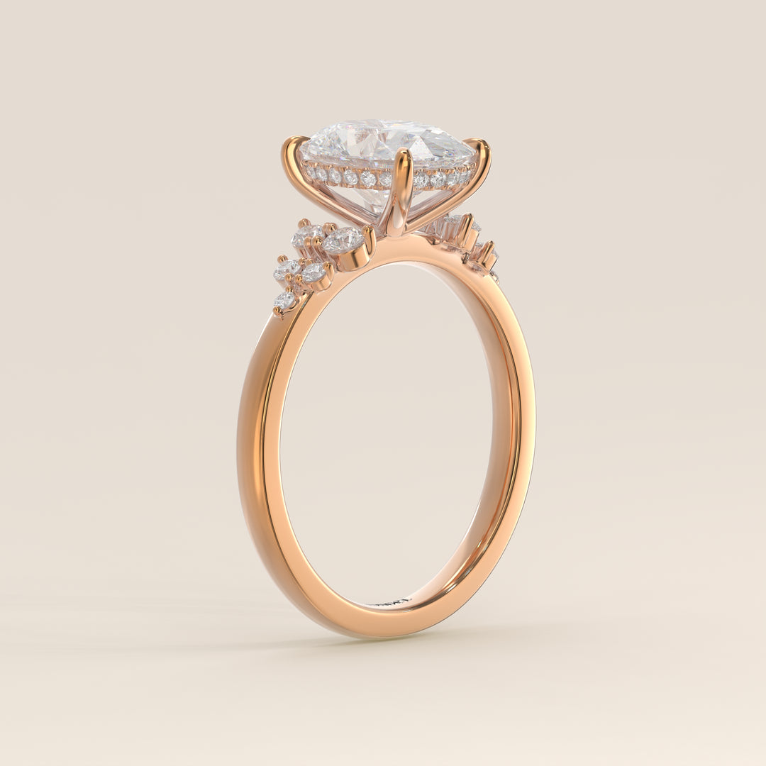 Verlovingsring ovaal lab grown diamant met snowdrift en hidden halo, rosegoud
