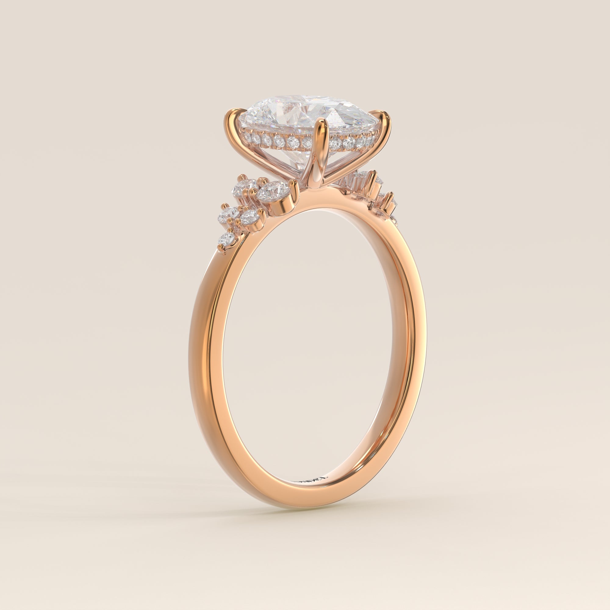 Verlovingsring ovaal lab grown diamant met snowdrift en hidden halo, rosegoud