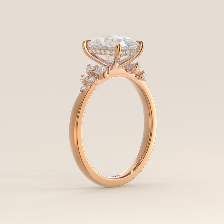 Verlovingsring ovaal lab grown diamant met snowdrift en hidden halo, rosegoud