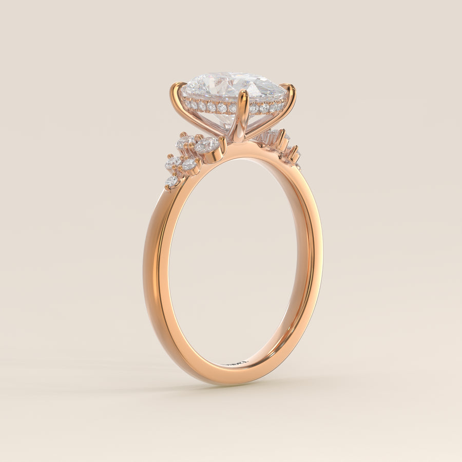 Verlovingsring ovaal lab grown diamant met snowdrift en hidden halo, rosegoud