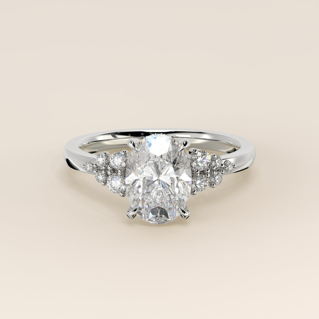 Verlovingsring ovaal lab grown diamant met snowdrift en hidden halo, witgoud