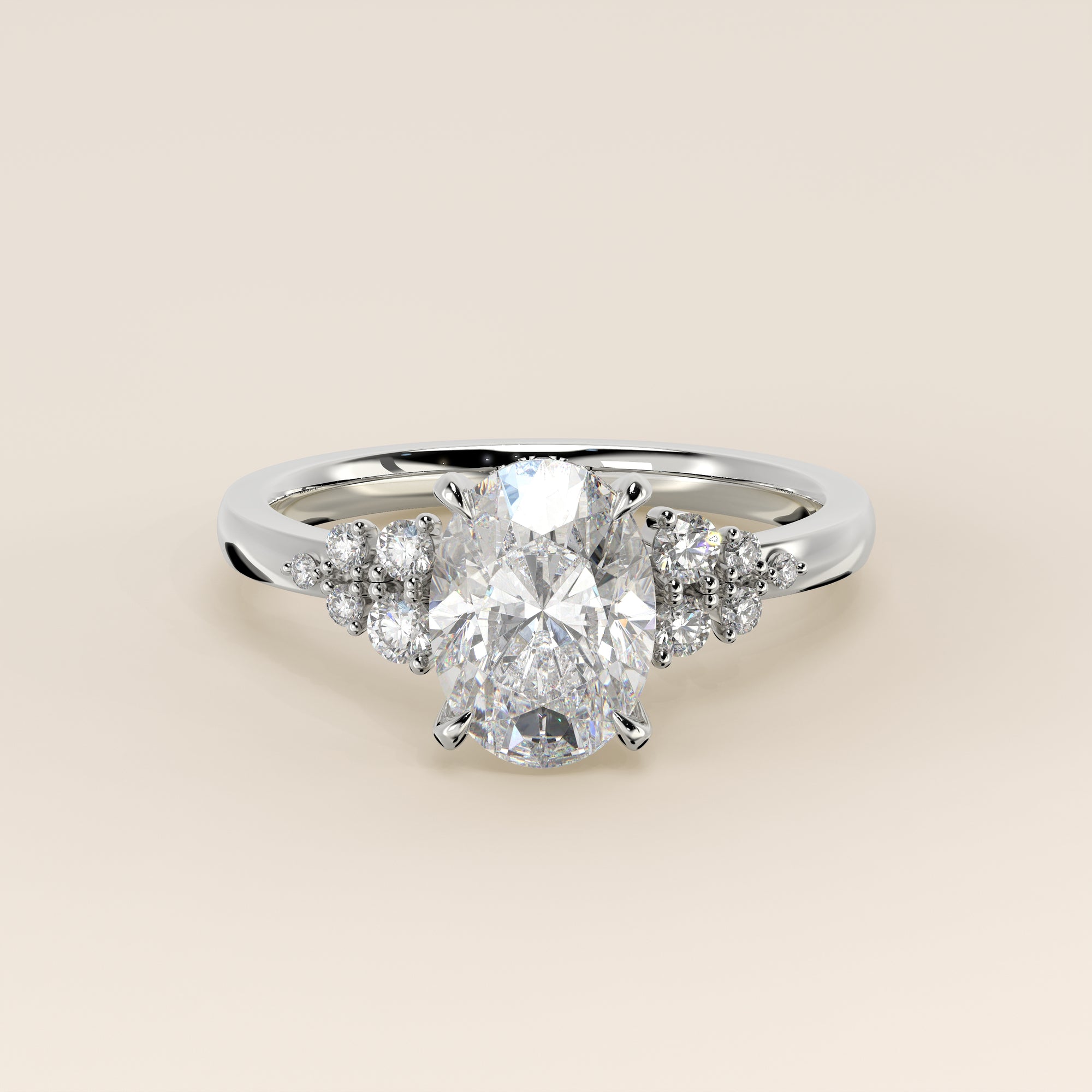 Verlovingsring ovaal lab grown diamant met snowdrift en hidden halo, witgoud