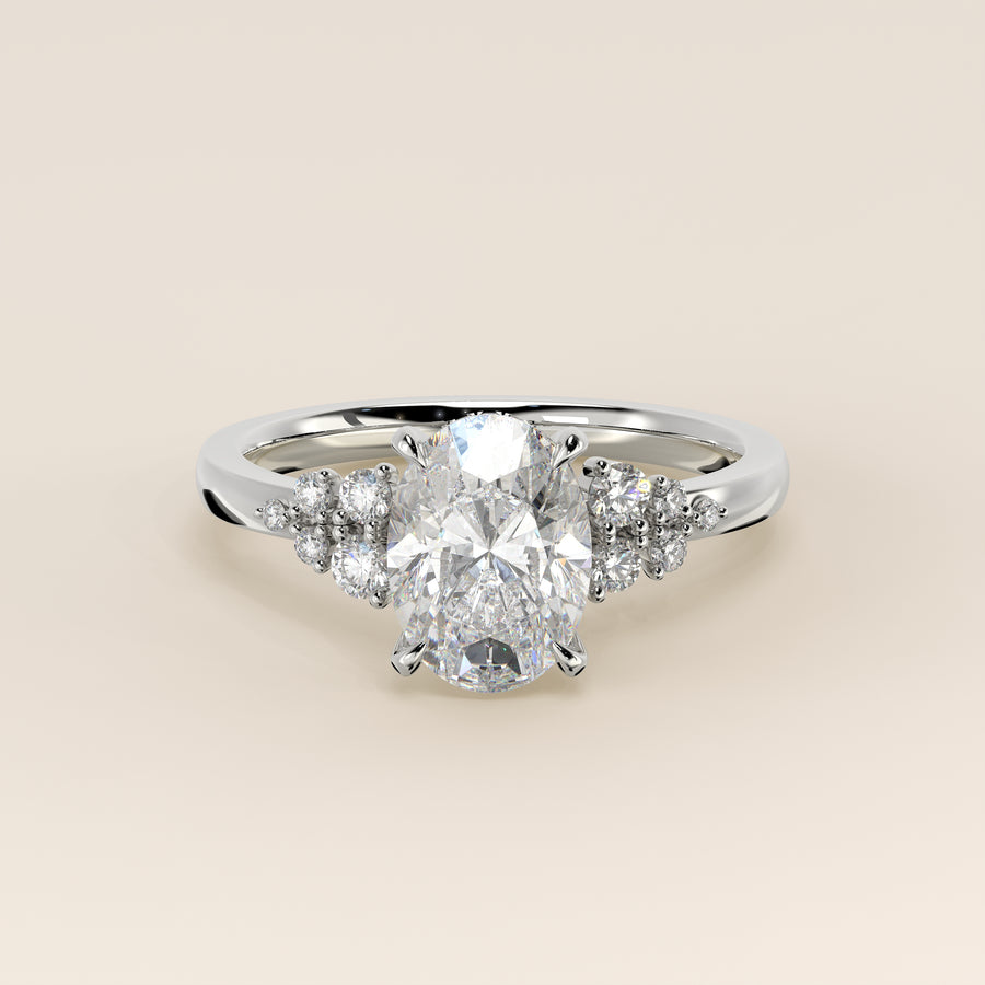 Verlovingsring ovaal lab grown diamant met snowdrift en hidden halo, witgoud