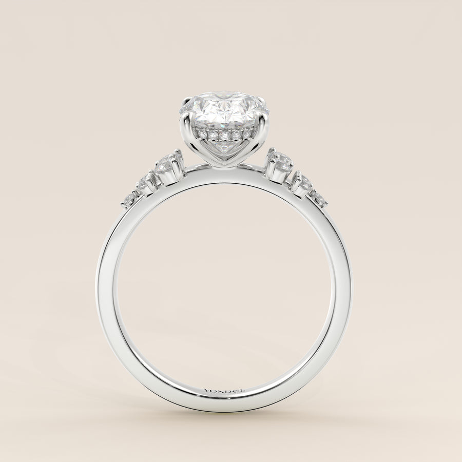 Verlovingsring ovaal lab grown diamant met snowdrift en hidden halo, witgoud