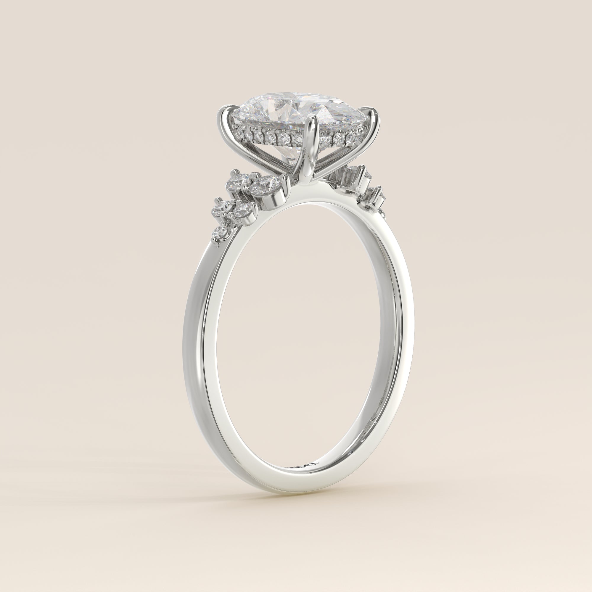 Verlovingsring ovaal lab grown diamant met snowdrift en hidden halo, witgoud
