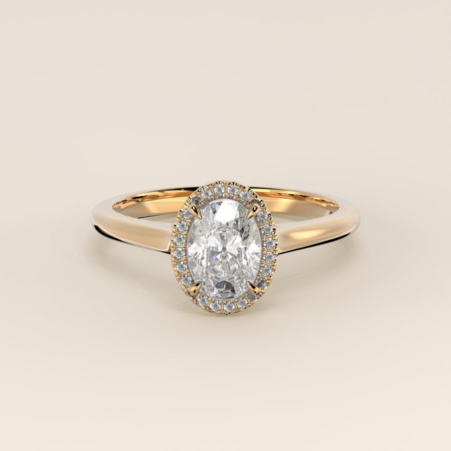 Verlovingsring ovoal halo lab grown diamant met cathedral en hoge zetting, geelgoud