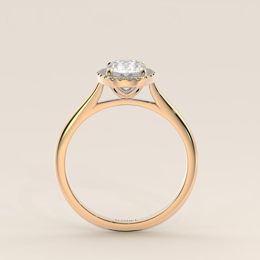 Verlovingsring ovoal halo lab grown diamant met cathedral en hoge zetting, geelgoud