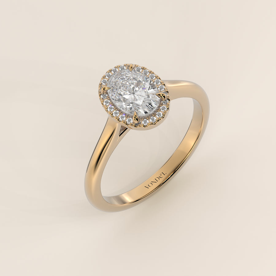 Verlovingsring ovoal halo lab grown diamant met cathedral en hoge zetting, geelgoud