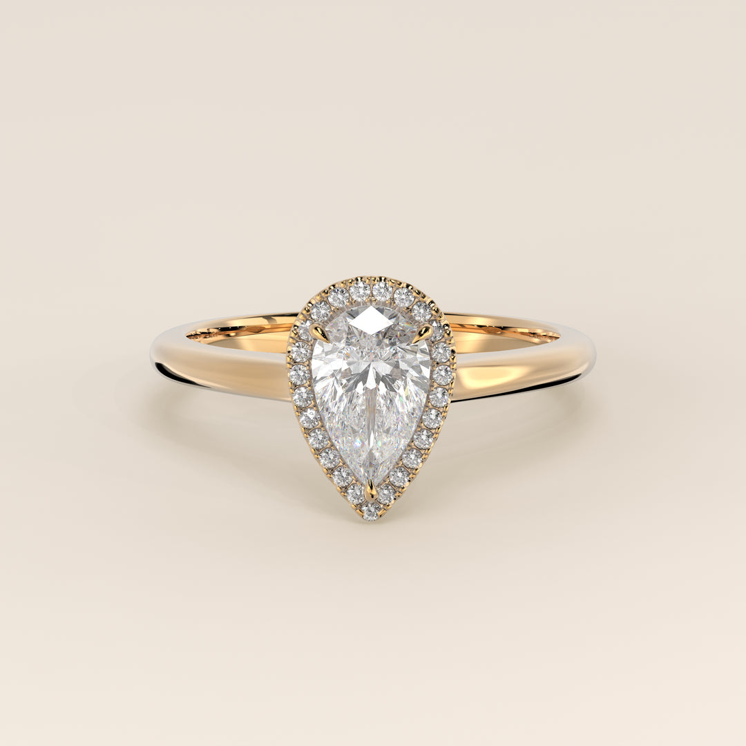 Verlovingsring peer halo lab grown diamant met cathedral en hoge zetting, geelgoud
