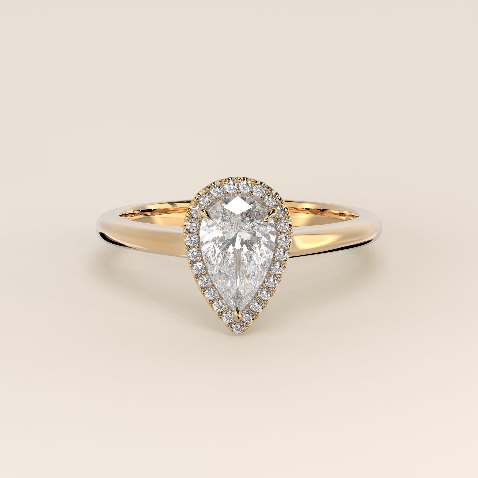 Verlovingsring peer halo lab grown diamant met cathedral en hoge zetting, geelgoud