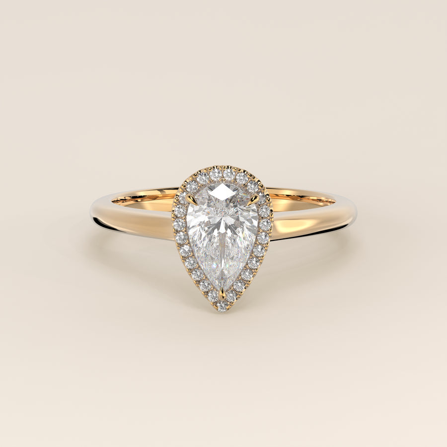 Verlovingsring peer halo lab grown diamant met cathedral en hoge zetting, geelgoud
