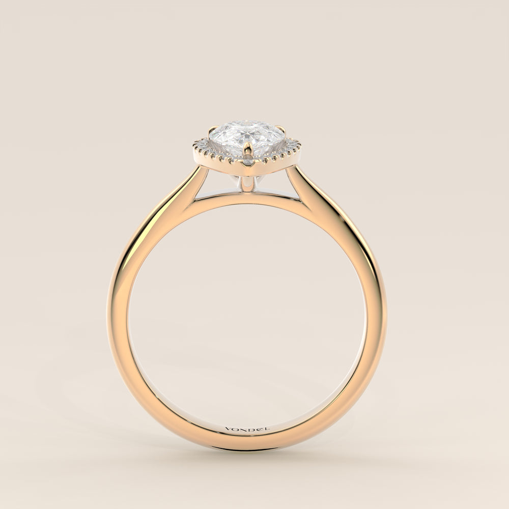 Verlovingsring peer halo lab grown diamant met cathedral en hoge zetting, geelgoud