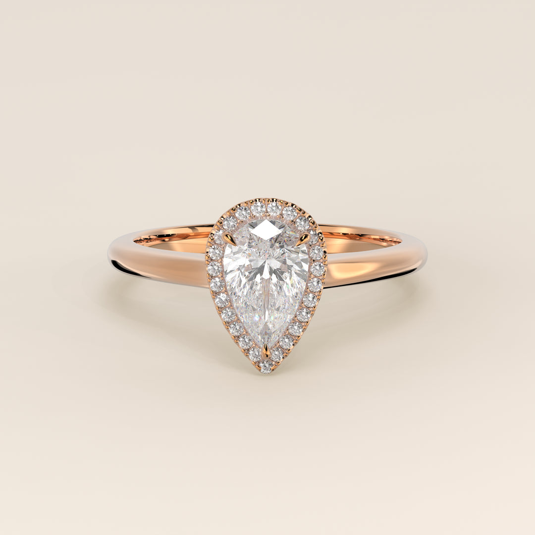 Verlovingsring peer halo lab grown diamant met cathedral en hoge zetting, rosegoud