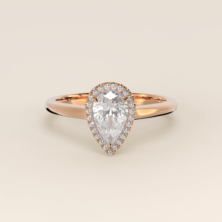 Verlovingsring peer halo lab grown diamant met cathedral en hoge zetting, rosegoud