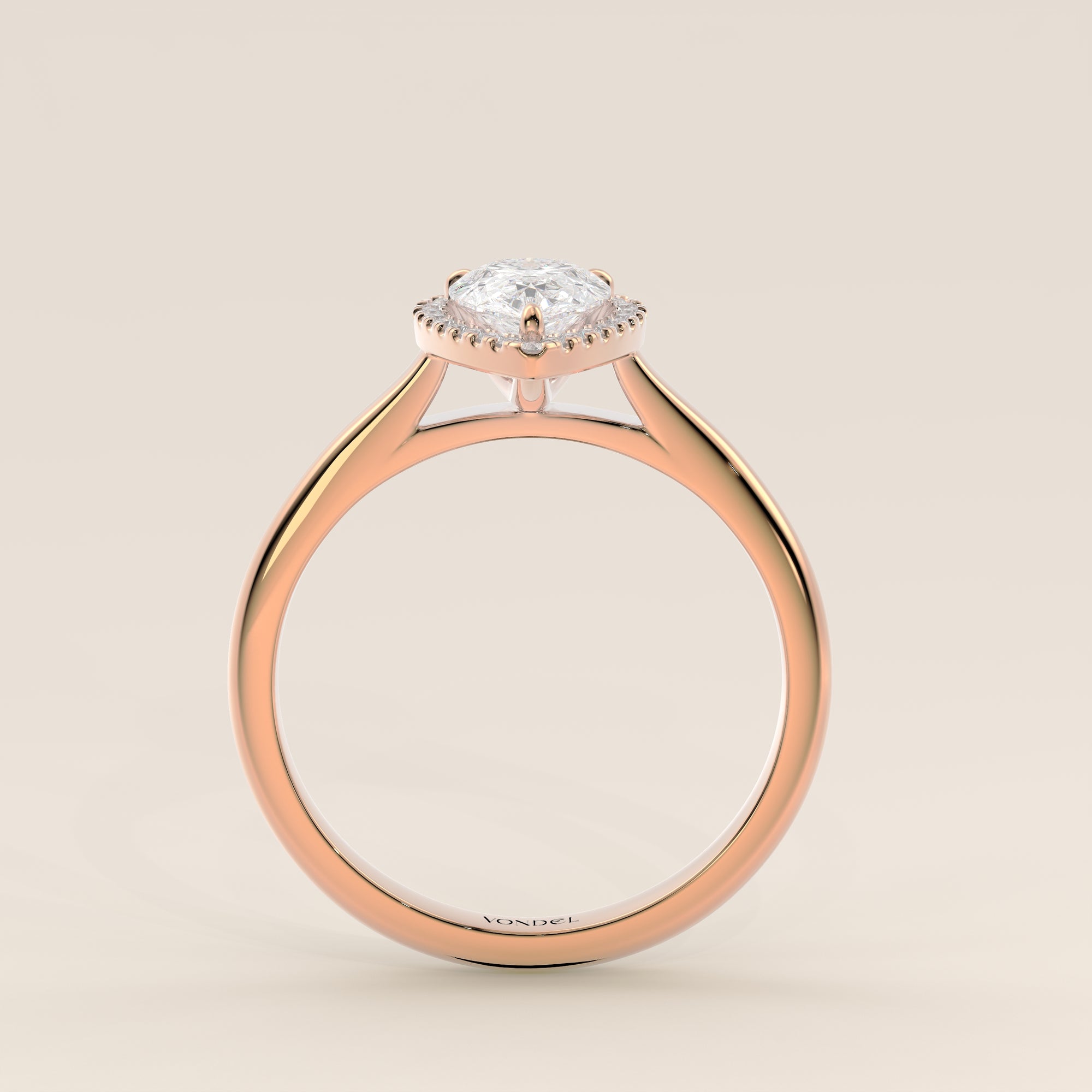 Verlovingsring peer halo lab grown diamant met cathedral en hoge zetting, rosegoud