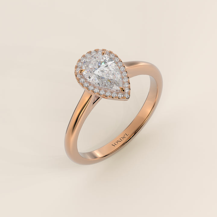 Verlovingsring peer halo lab grown diamant met cathedral en hoge zetting, rosegoud