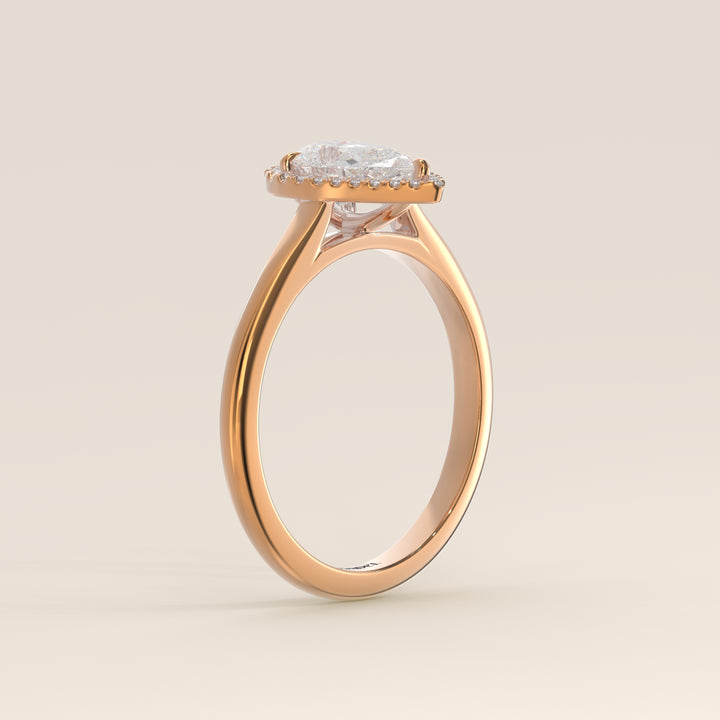 Verlovingsring peer halo lab grown diamant met cathedral en hoge zetting, rosegoud