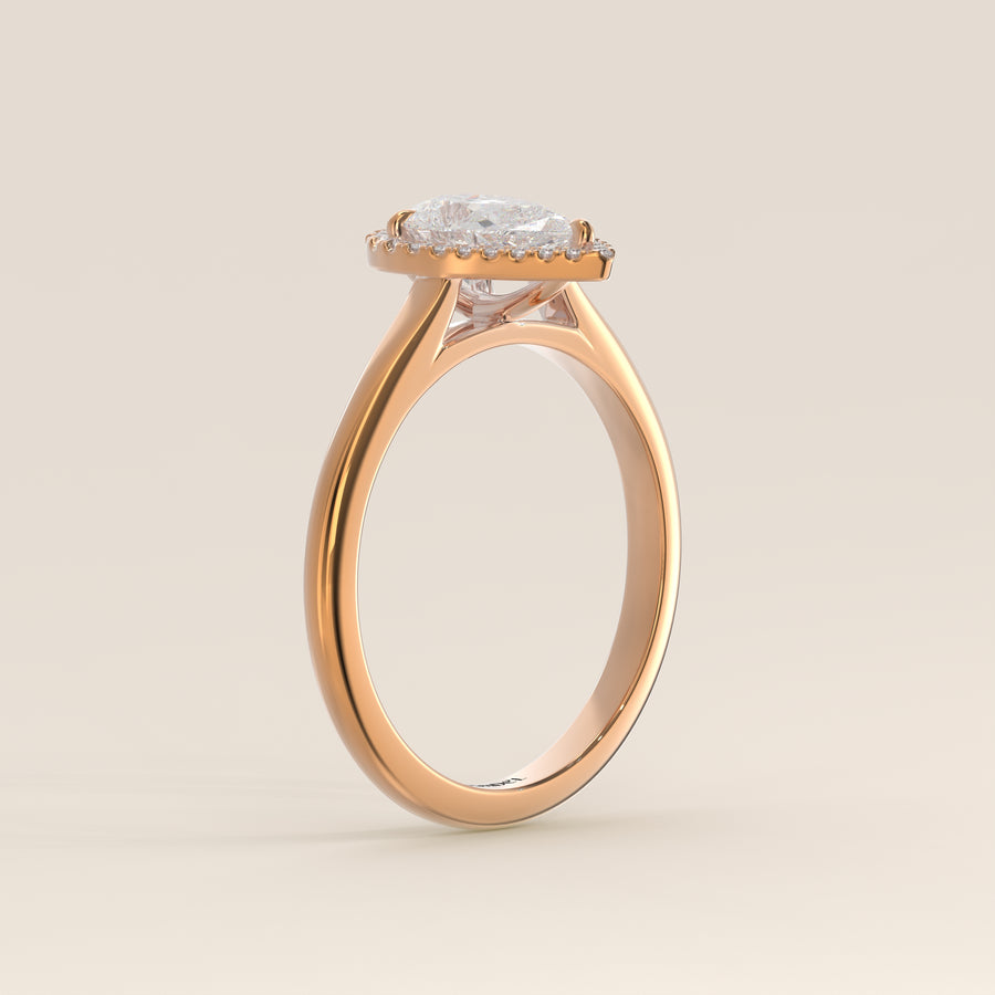 Verlovingsring peer halo lab grown diamant met cathedral en hoge zetting, rosegoud