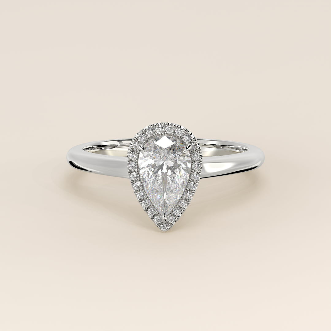 Verlovingsring peer halo lab grown diamant met cathedral en hoge zetting, witgoud