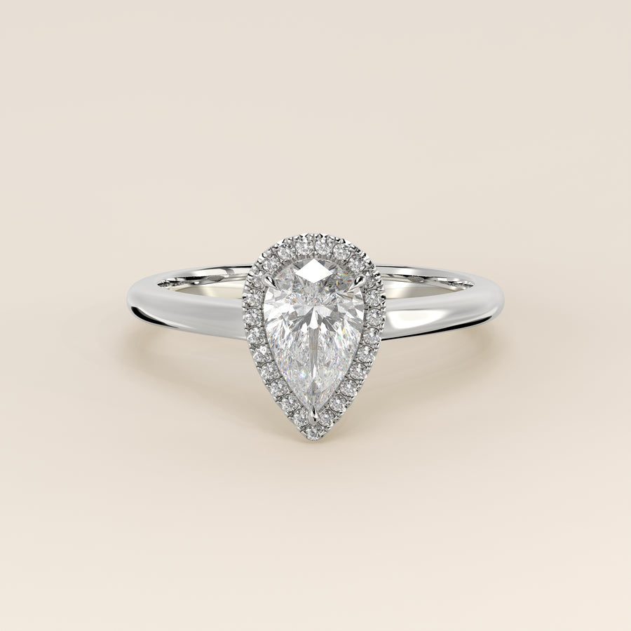 Verlovingsring peer halo lab grown diamant met cathedral en hoge zetting, witgoud