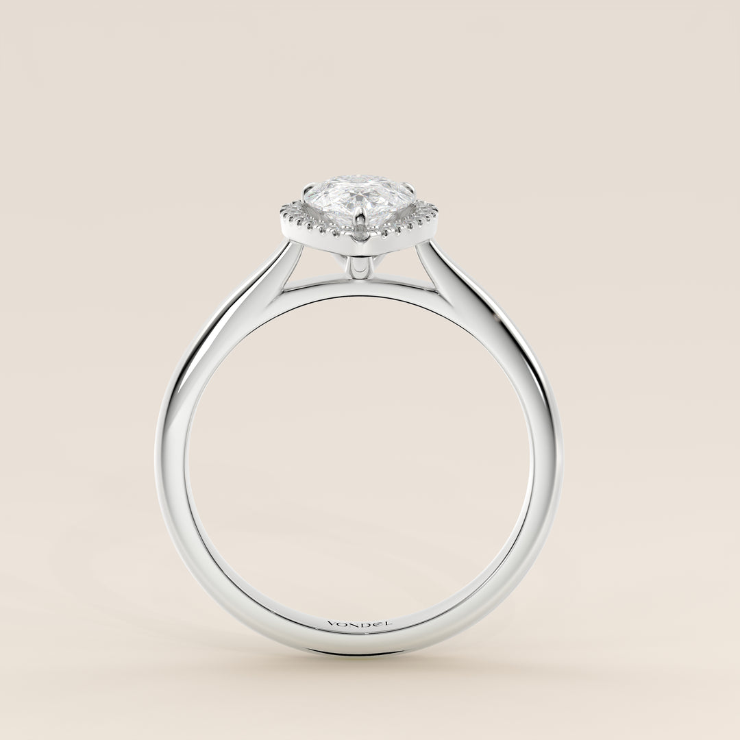 Verlovingsring peer halo lab grown diamant met cathedral en hoge zetting, witgoud