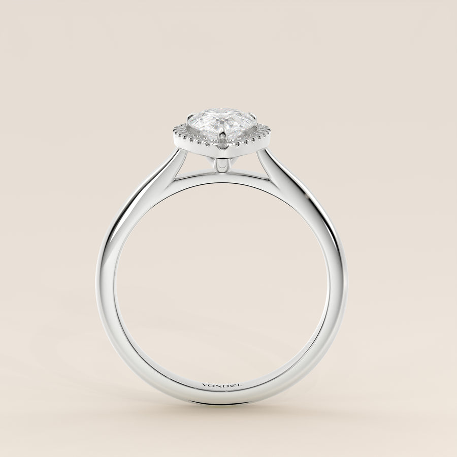 Verlovingsring peer halo lab grown diamant met cathedral en hoge zetting, witgoud