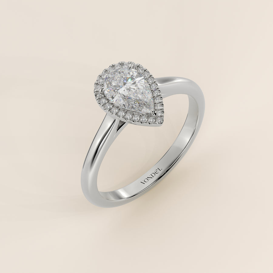 Verlovingsring peer halo lab grown diamant met cathedral en hoge zetting, witgoud